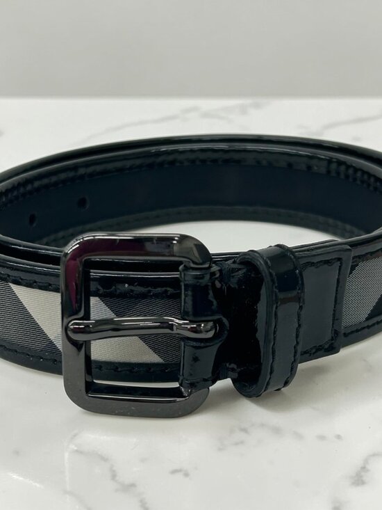 Burberry Black Beat Check and Patent Leather Belt, Size US 32